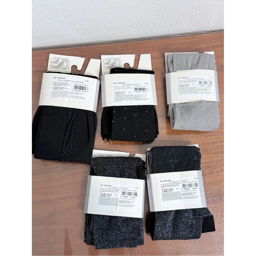 Calzedonia 5 Packs Black & Silver Fashion Tights Made in Italy M/L NWT